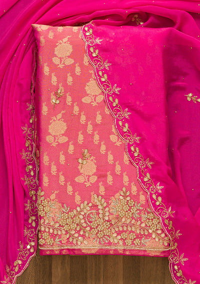 Rani Pink Gotapatti Brocade Unstitched Salwar Suit-Koskii