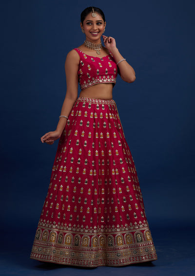 Rani Pink Gotapatti Raw Silk Designer Semi-Stitched Lehenga - Koskii