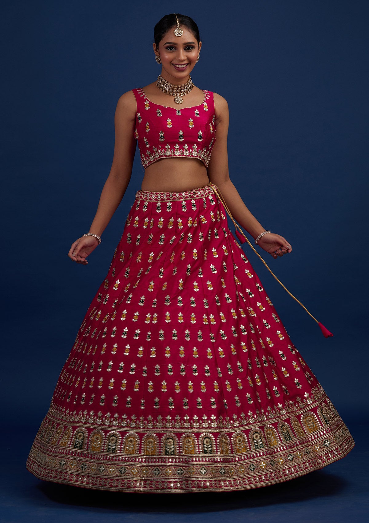 Rani Pink Gotapatti Raw Silk Designer Semi-Stitched Lehenga - Koskii