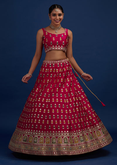Rani Pink Gotapatti Raw Silk Designer Semi-Stitched Lehenga - Koskii