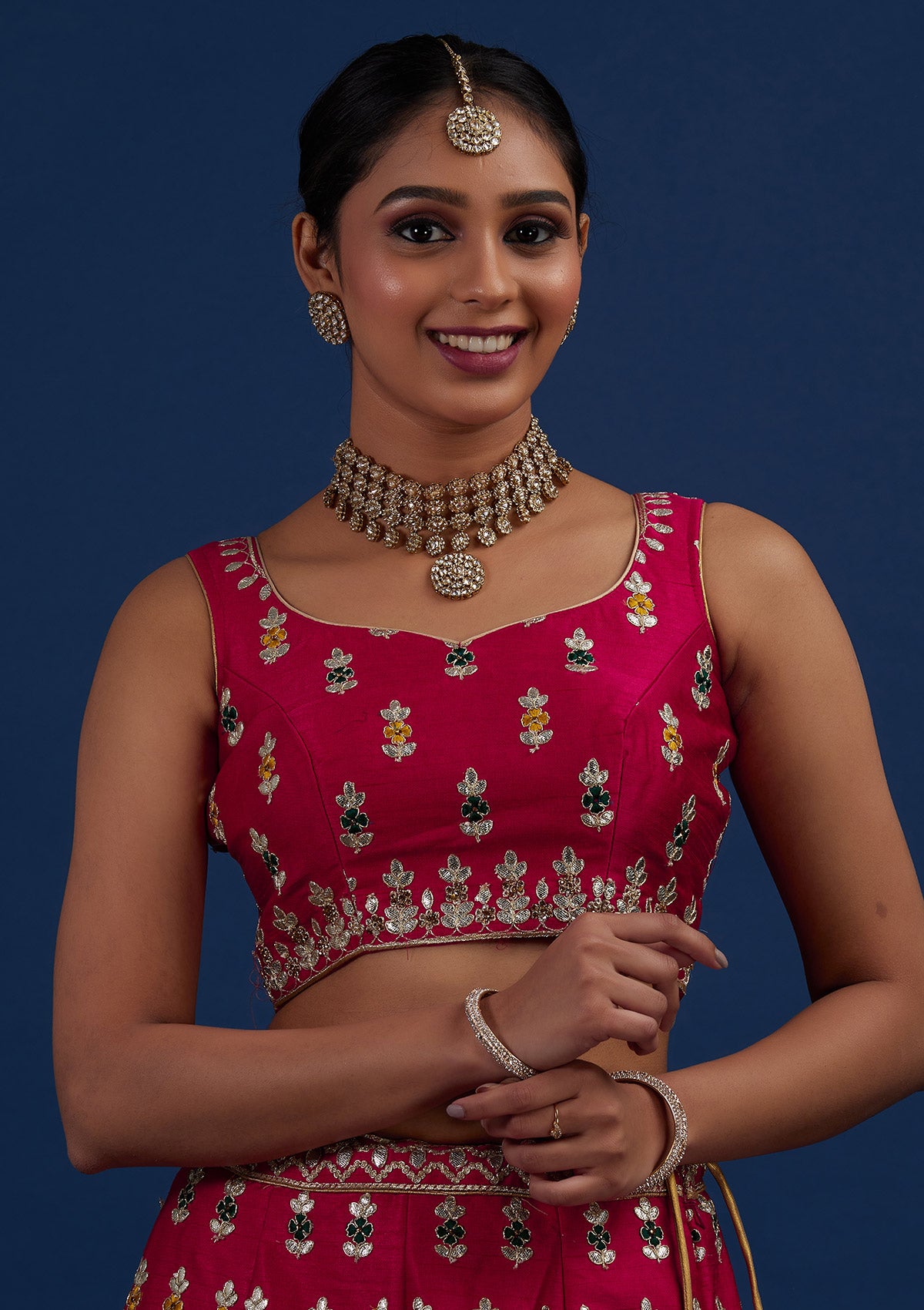 Rani Pink Gotapatti Raw Silk Designer Semi-Stitched Lehenga - Koskii