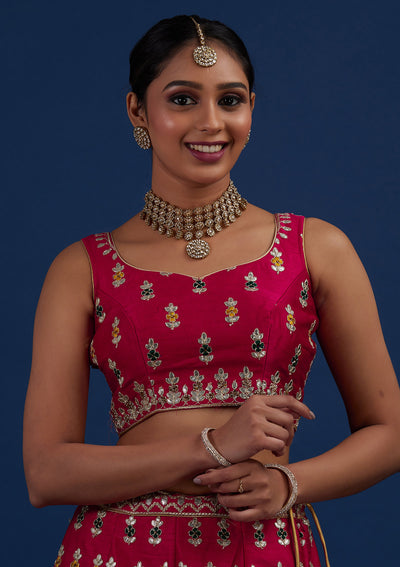 Rani Pink Gotapatti Raw Silk Designer Semi-Stitched Lehenga - Koskii