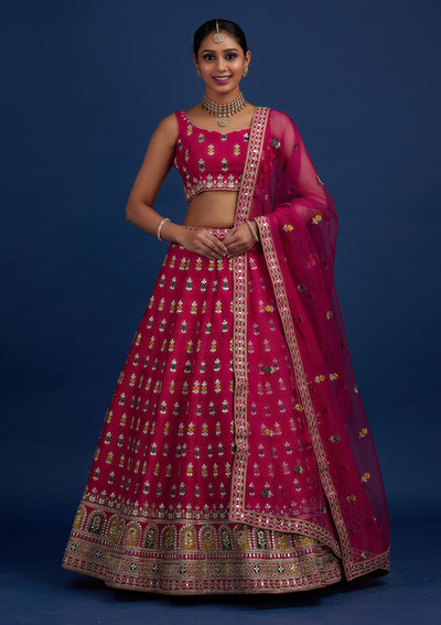 Rani Pink Gotapatti Raw Silk Designer Semi-Stitched Lehenga - Koskii