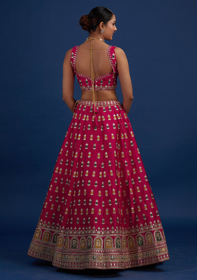 Rani Pink Gotapatti Raw Silk Designer Semi-Stitched Lehenga - Koskii