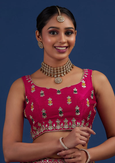 Rani Pink Gotapatti Raw Silk Designer Semi-Stitched Lehenga - Koskii