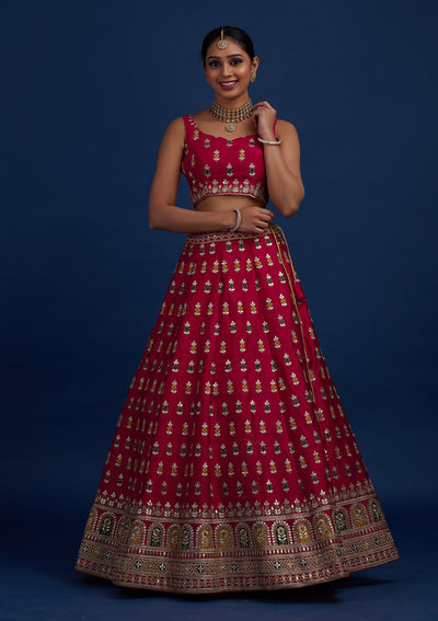 Rani Pink Gotapatti Raw Silk Designer Semi-Stitched Lehenga - Koskii