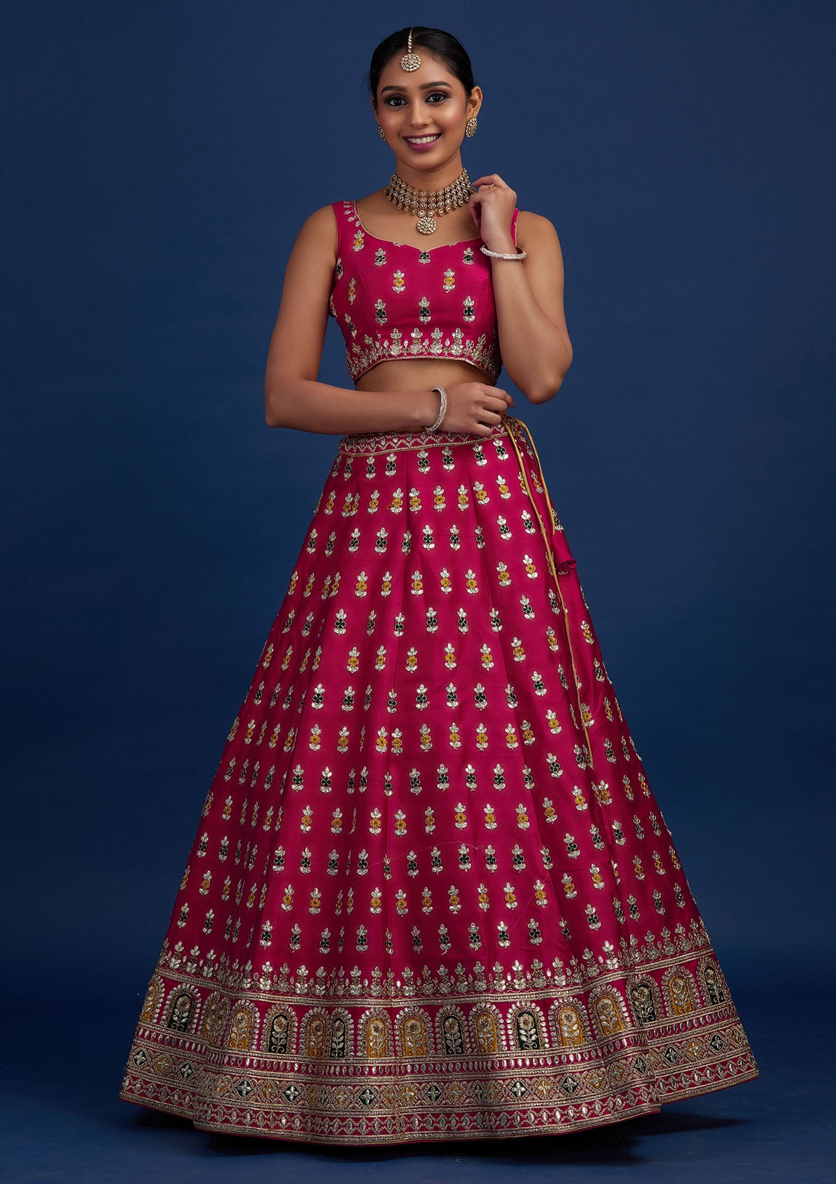 Rani Pink Gotapatti Raw Silk Designer Semi-Stitched Lehenga - Koskii