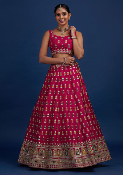 Rani Pink Gotapatti Raw Silk Designer Semi-Stitched Lehenga - Koskii
