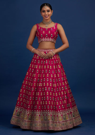 Rani Pink Gotapatti Raw Silk Designer Semi-Stitched Lehenga - Koskii