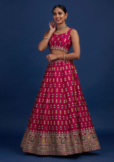 Rani Pink Gotapatti Raw Silk Designer Semi-Stitched Lehenga - Koskii