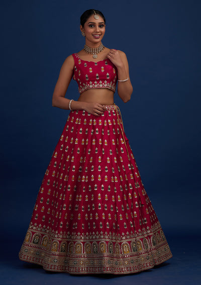 Rani Pink Gotapatti Raw Silk Designer Semi-Stitched Lehenga - Koskii