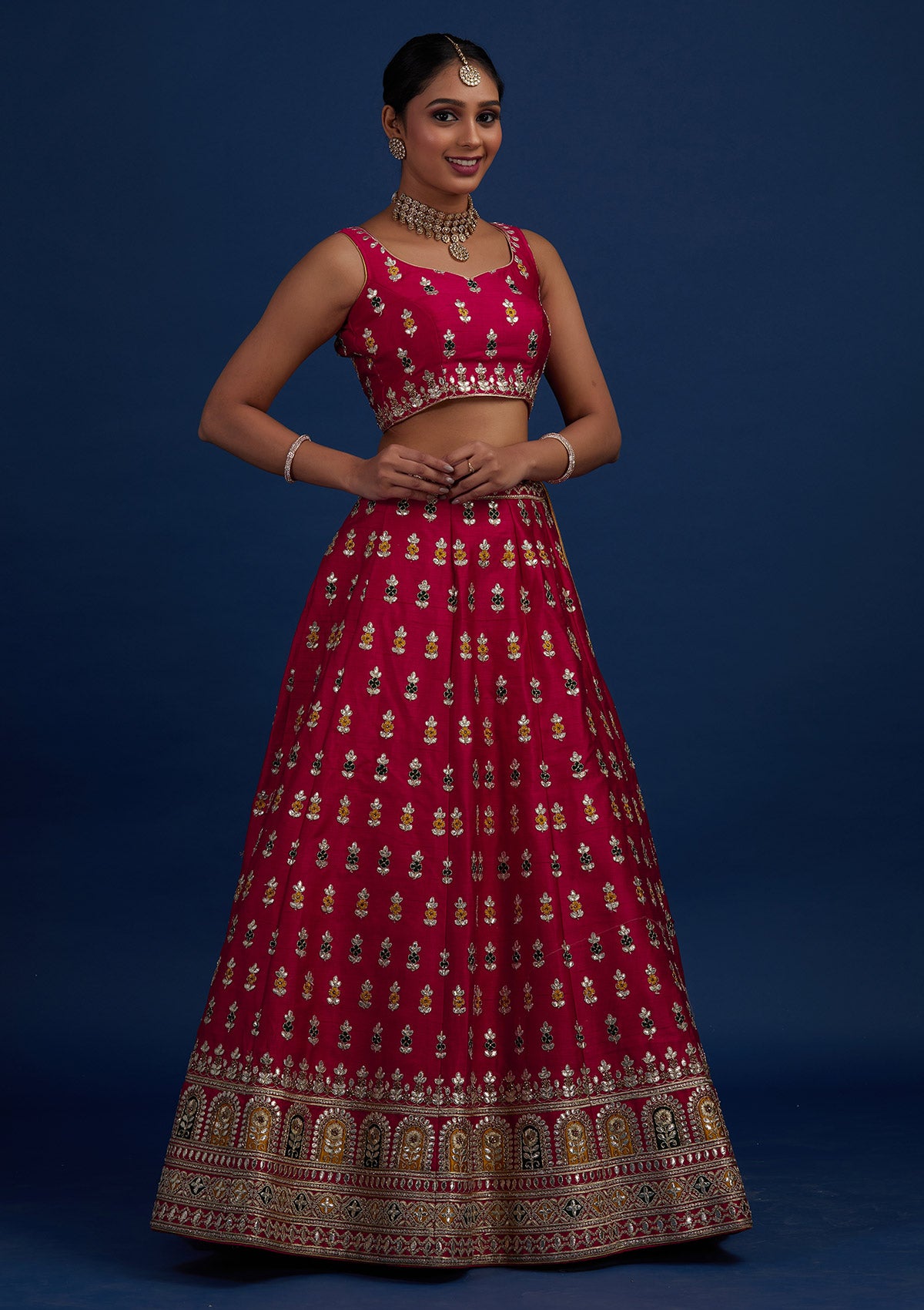Rani Pink Gotapatti Raw Silk Designer Semi-Stitched Lehenga - Koskii