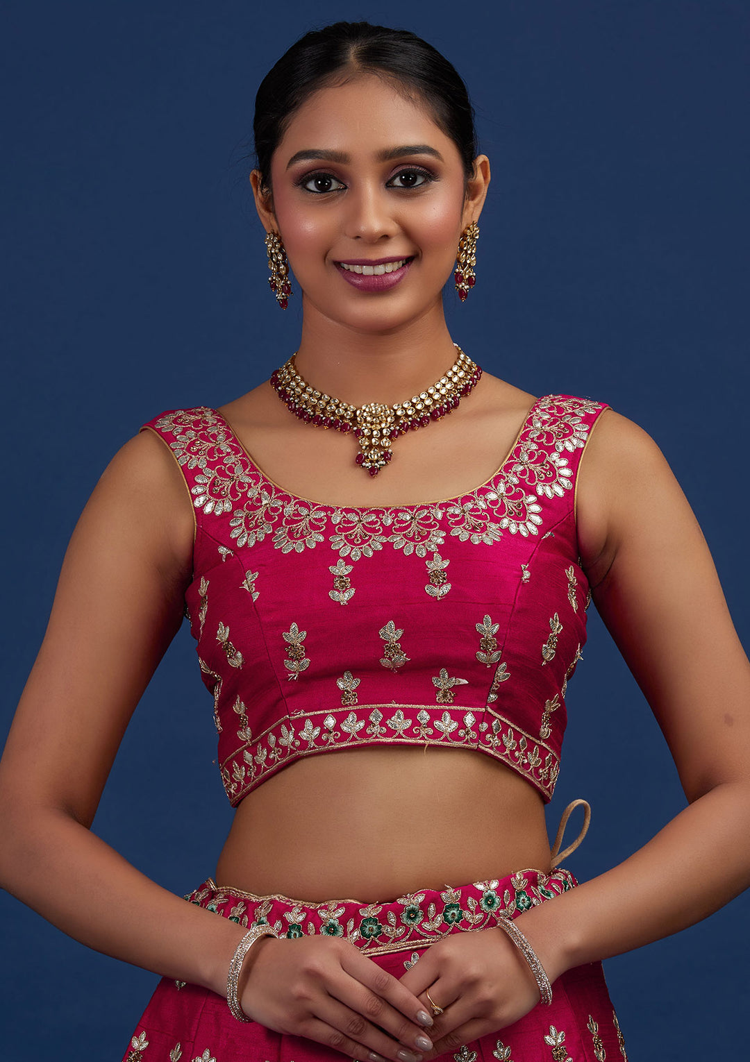 Rani Pink Gotapatti Raw Silk Designer Semi-Stitched Lehenga - Koskii