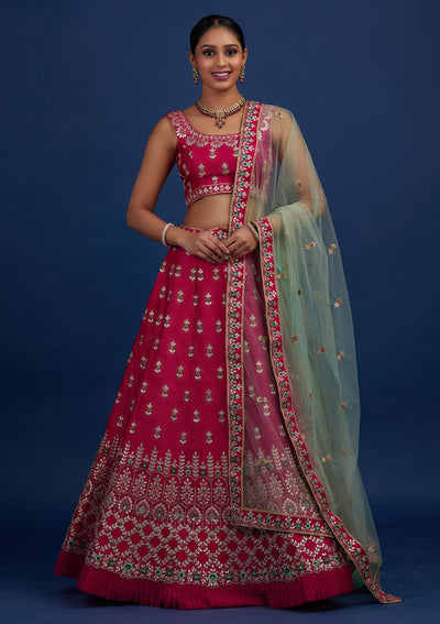 Rani Pink Gotapatti Raw Silk Designer Semi-Stitched Lehenga - Koskii
