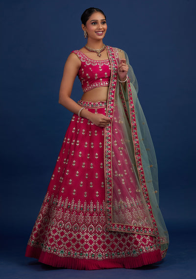 Rani Pink Gotapatti Raw Silk Designer Semi-Stitched Lehenga - Koskii