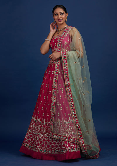 Rani Pink Gotapatti Raw Silk Designer Semi-Stitched Lehenga - Koskii