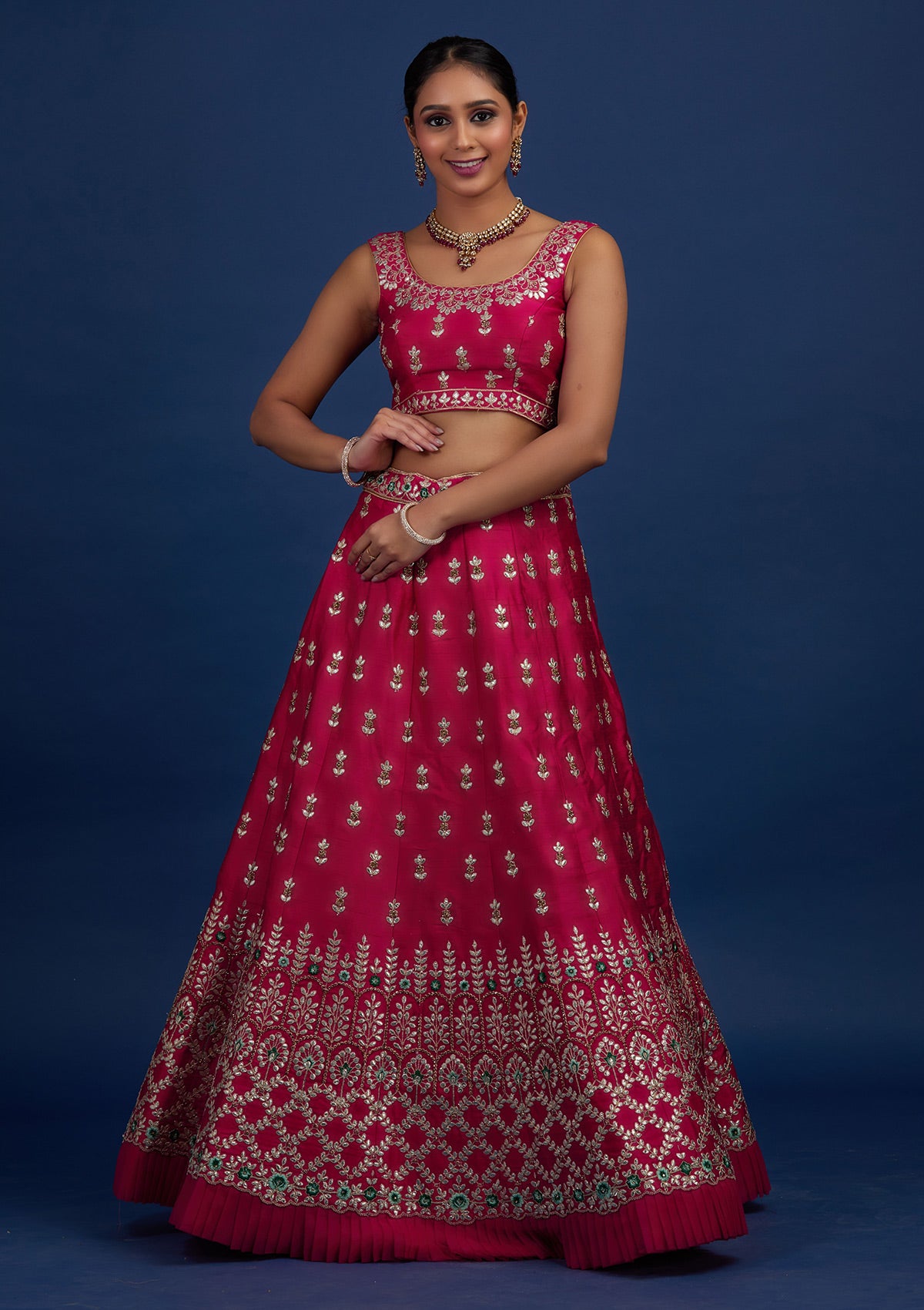 Rani Pink Gotapatti Raw Silk Designer Semi-Stitched Lehenga - Koskii