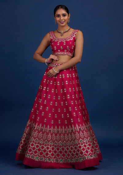 Rani Pink Gotapatti Raw Silk Designer Semi-Stitched Lehenga - Koskii