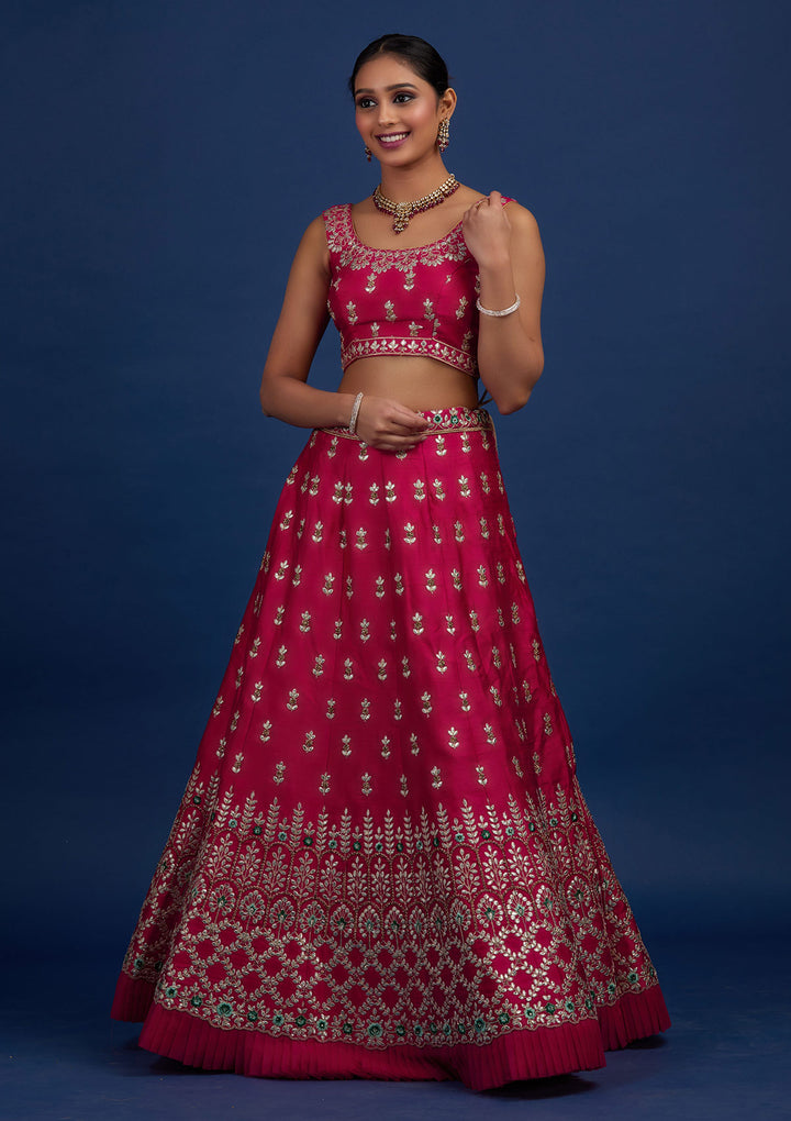 Rani Pink Gotapatti Raw Silk Designer Semi-Stitched Lehenga - Koskii
