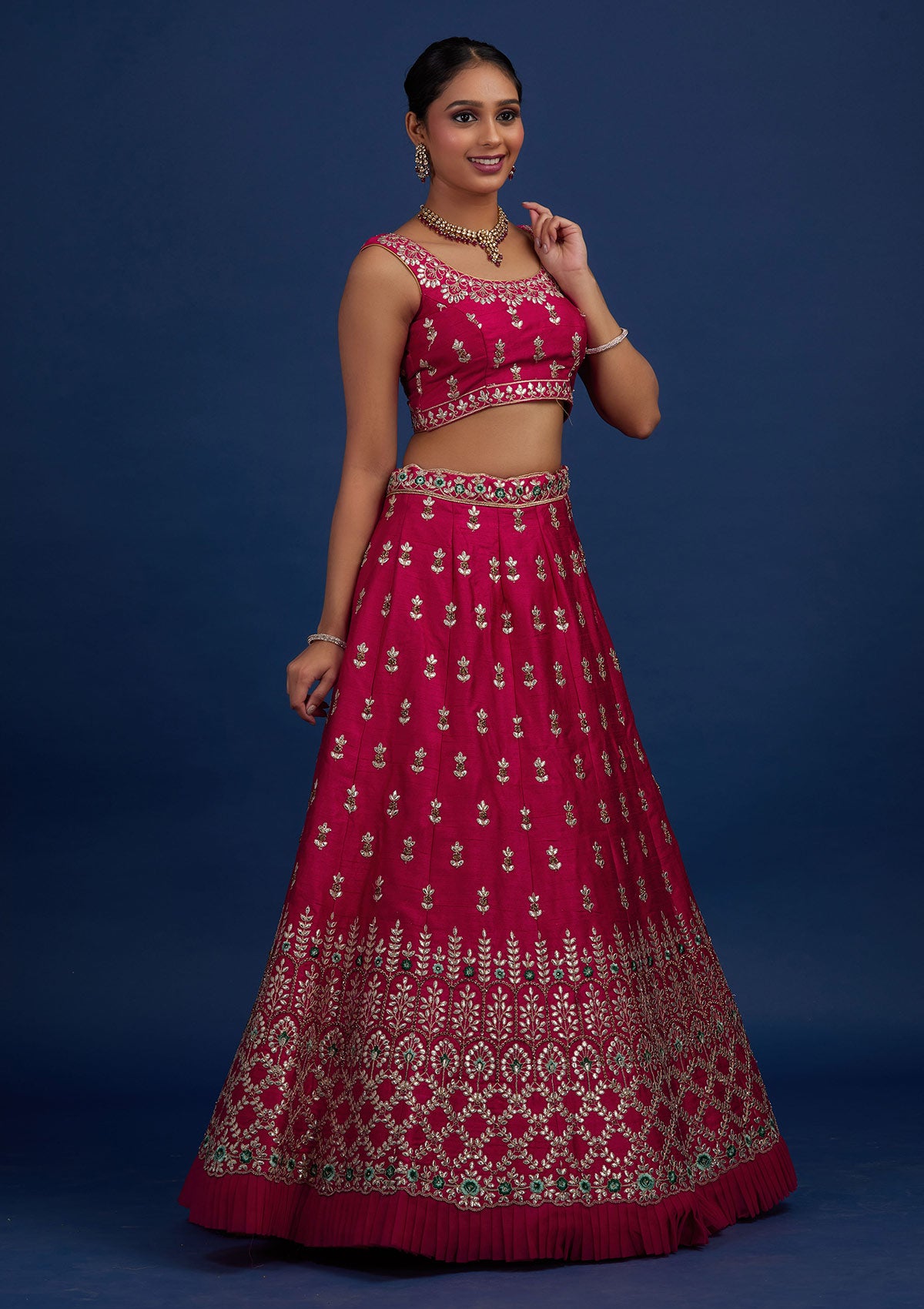 Rani Pink Gotapatti Raw Silk Designer Semi-Stitched Lehenga - Koskii