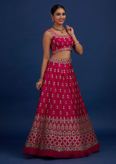 Rani Pink Gotapatti Raw Silk Designer Semi-Stitched Lehenga - Koskii