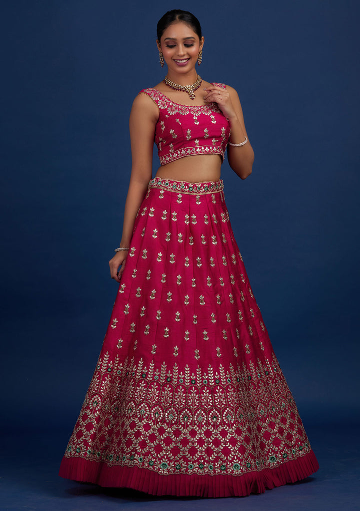 Rani Pink Gotapatti Raw Silk Designer Semi-Stitched Lehenga - Koskii