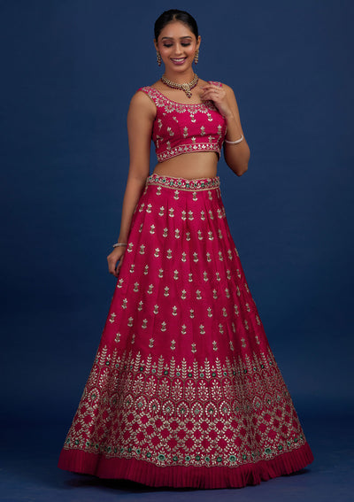 Rani Pink Gotapatti Raw Silk Designer Semi-Stitched Lehenga - Koskii