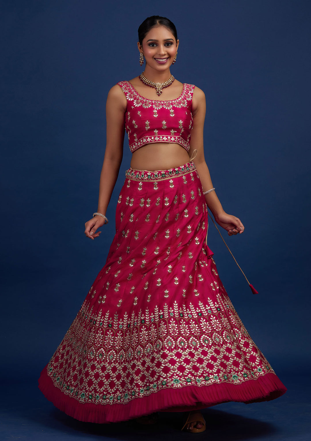 Rani Pink Gotapatti Raw Silk Designer Semi-Stitched Lehenga - Koskii