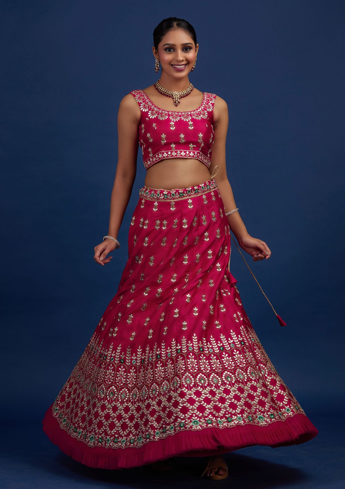 Rani Pink Gotapatti Raw Silk Designer Semi-Stitched Lehenga - Koskii
