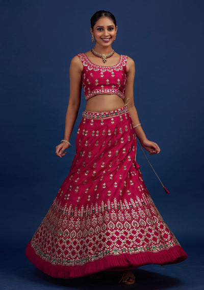 Rani Pink Gotapatti Raw Silk Designer Semi-Stitched Lehenga - Koskii