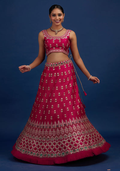 Rani Pink Gotapatti Raw Silk Designer Semi-Stitched Lehenga - Koskii