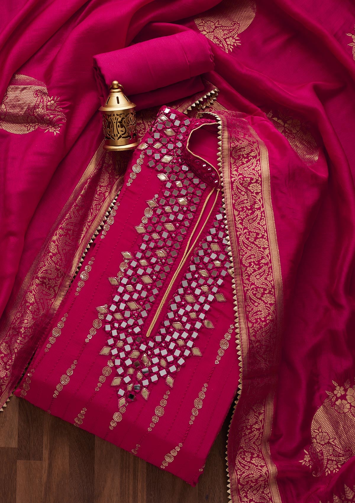 Rani Pink Mirrorwork Georgette Designer Unstitched Salwar Suit - Koskii