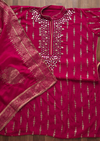 Rani Pink Mirrorwork Georgette Designer Unstitched Salwar Suit - Koskii
