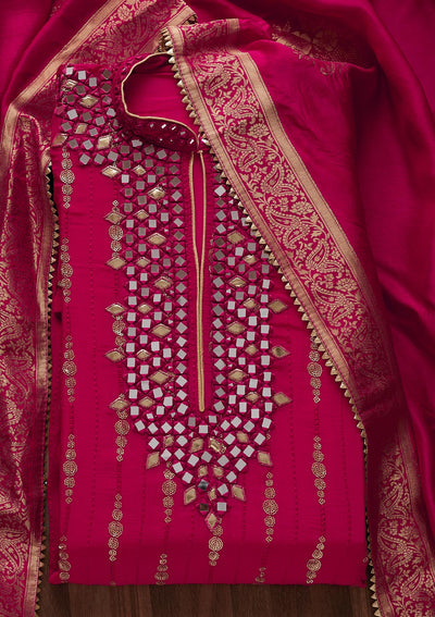 Rani Pink Mirrorwork Georgette Designer Unstitched Salwar Suit - Koskii