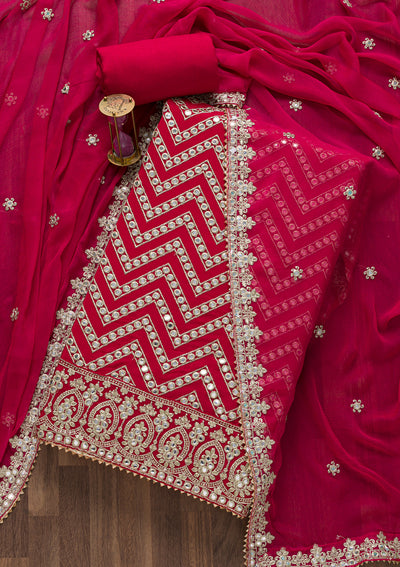 Rani Pink Mirrorwork Semi Crepe Unstitched Salwar Suit-Koskii