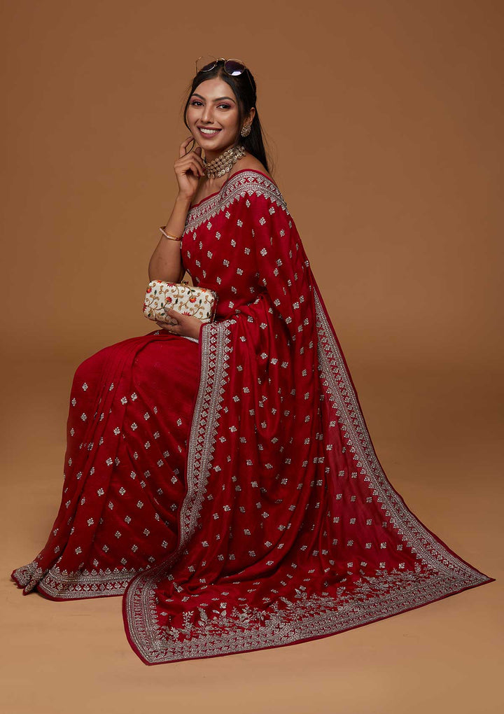 Rani Pink Silver Zariwork Raw Silk Saree - Koskii