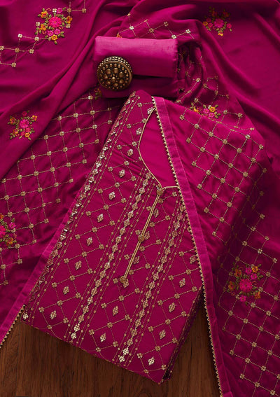 Rani Pink Sequins Chanderi Designer Unstitched Salwar Suit - Koskii