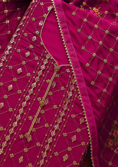 Rani Pink Sequins Chanderi Designer Unstitched Salwar Suit - Koskii
