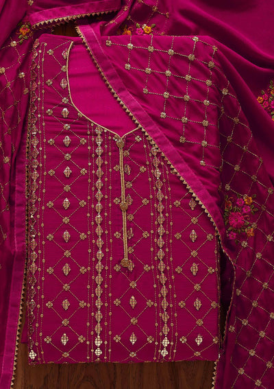 Rani Pink Sequins Chanderi Designer Unstitched Salwar Suit - Koskii