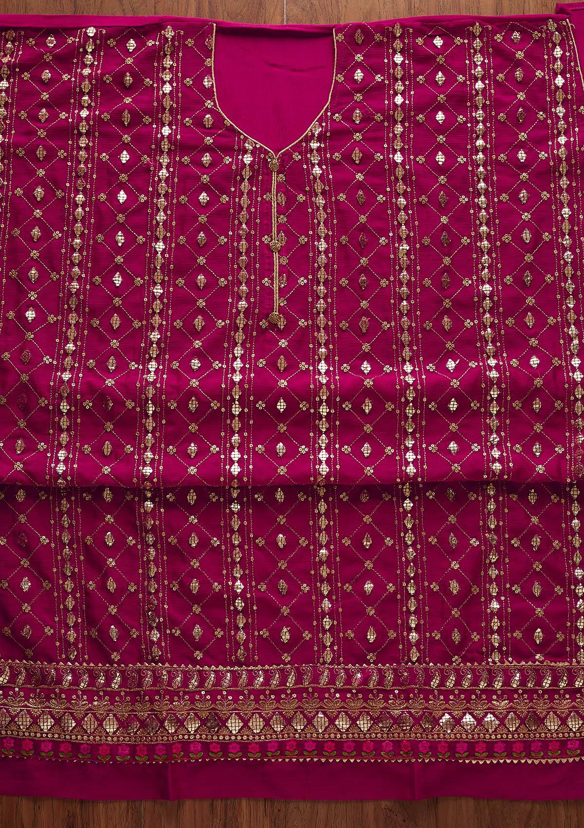 Rani Pink Sequins Chanderi Designer Unstitched Salwar Suit - Koskii