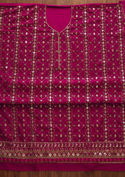 Rani Pink Sequins Chanderi Designer Unstitched Salwar Suit - Koskii