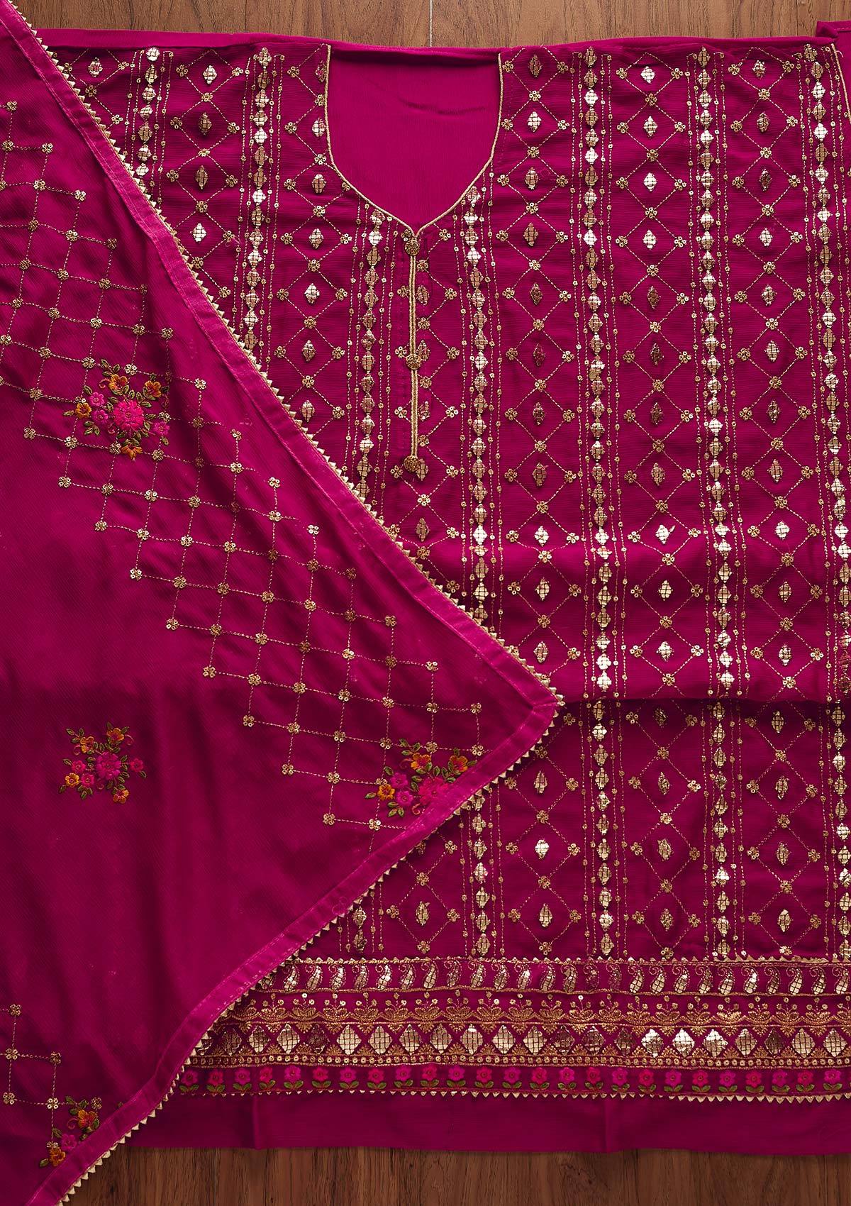 Rani Pink Sequins Chanderi Designer Unstitched Salwar Suit - Koskii