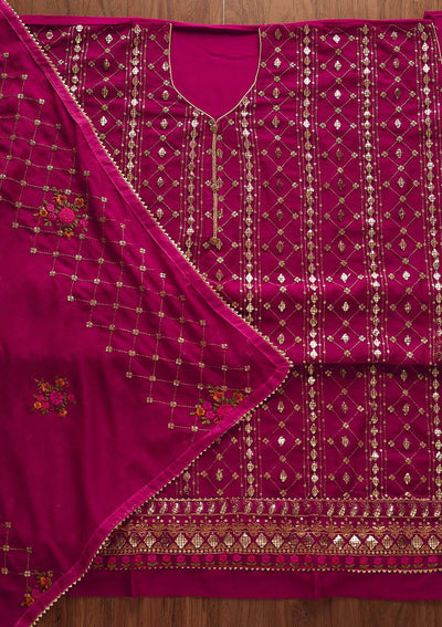 Rani Pink Sequins Chanderi Designer Unstitched Salwar Suit - Koskii