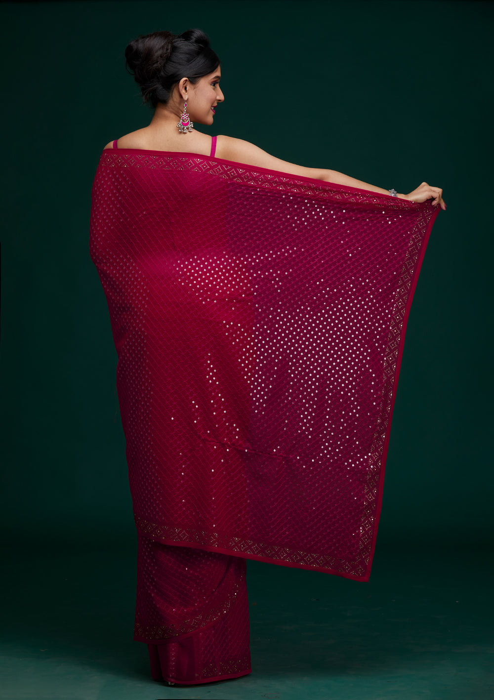 Rani Pink Sequins Georgette Saree - Koskii