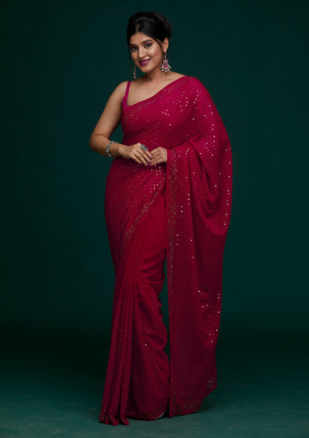 Rani Pink Sequins Georgette Saree - Koskii