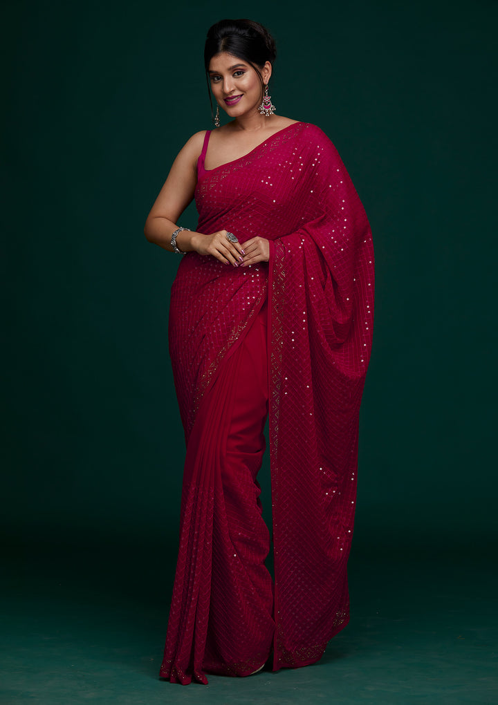 Rani Pink Sequins Georgette Saree - Koskii