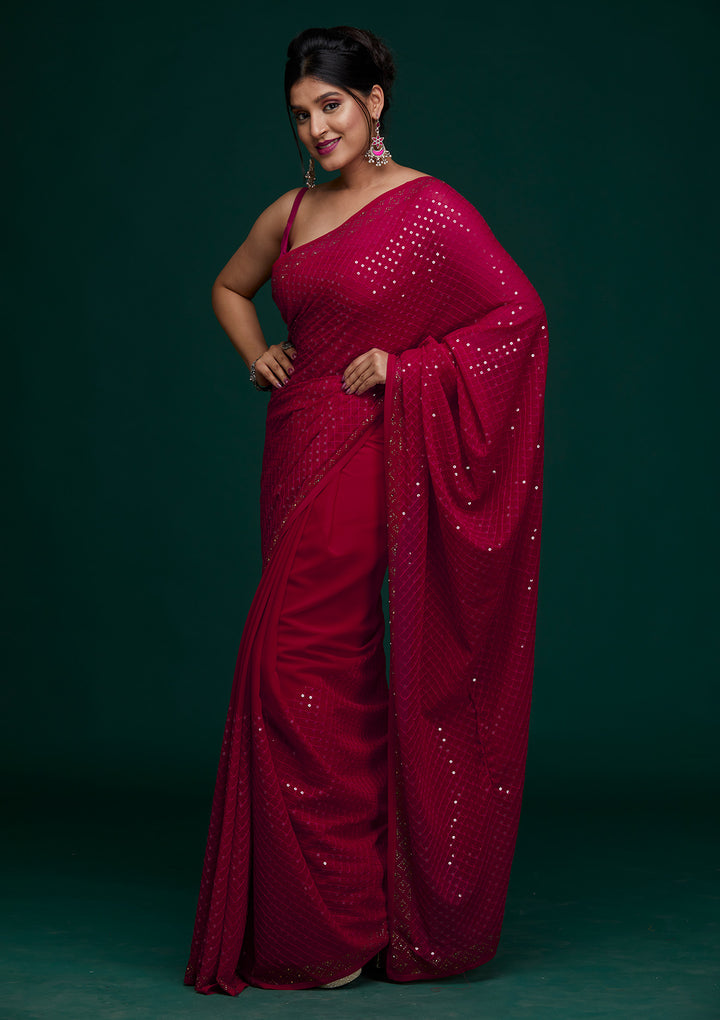 Rani Pink Sequins Georgette Saree - Koskii