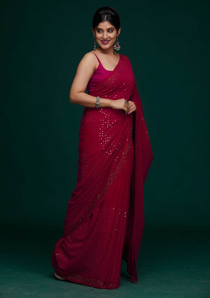 Rani Pink Sequins Georgette Saree - Koskii