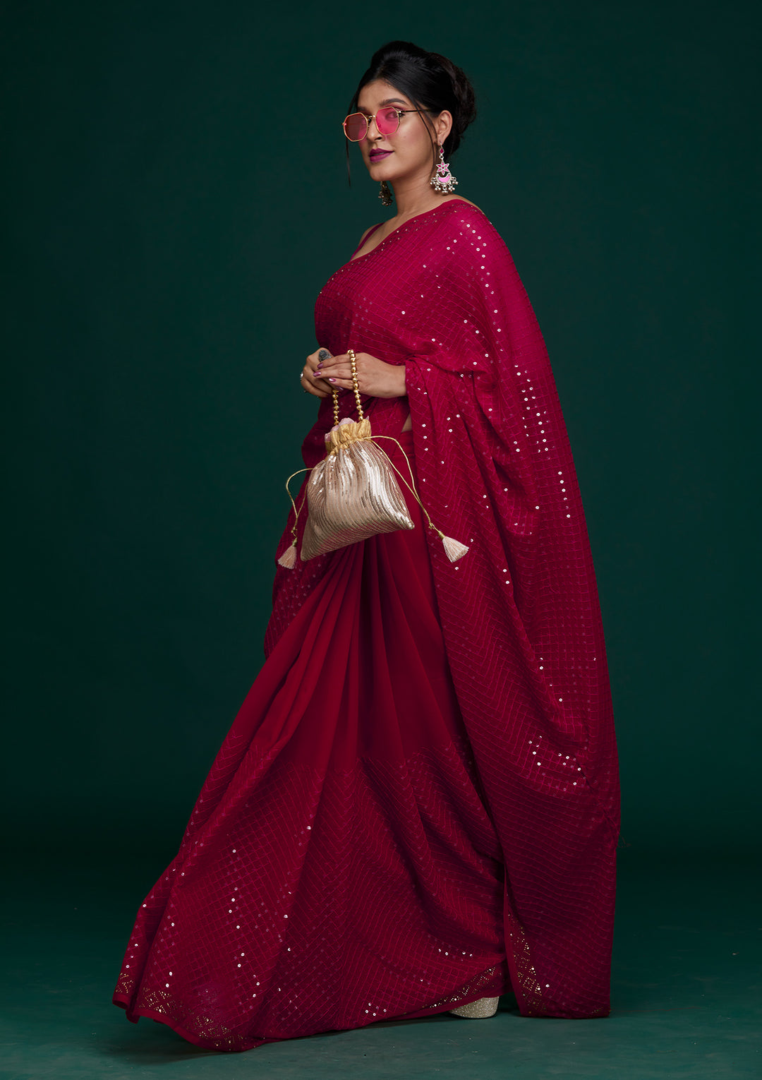 Rani Pink Sequins Georgette Saree - Koskii