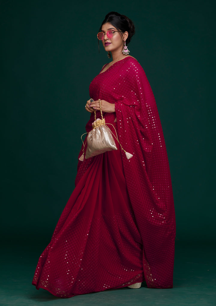 Rani Pink Sequins Georgette Saree - Koskii